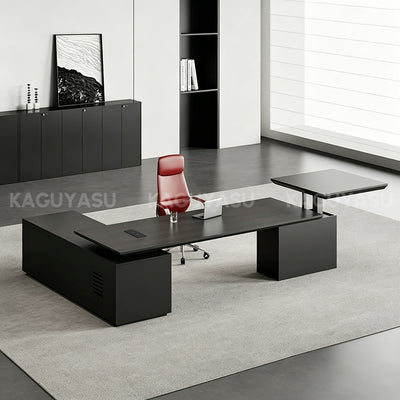Luxury L-shaped Executive Standing Desk with Smart Power Outlet & Large Side Storage Cabinet (94–126")