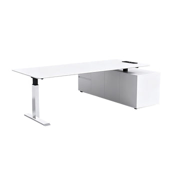 Minimalist Executive Sit-stand Desk with Smart Charging Box, Stainless Steel Leg & Side Storage Cabinet (71–94")