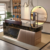 Executive Reception Desk – Black Marble & Fluted Wood with LED Accents JDT-780