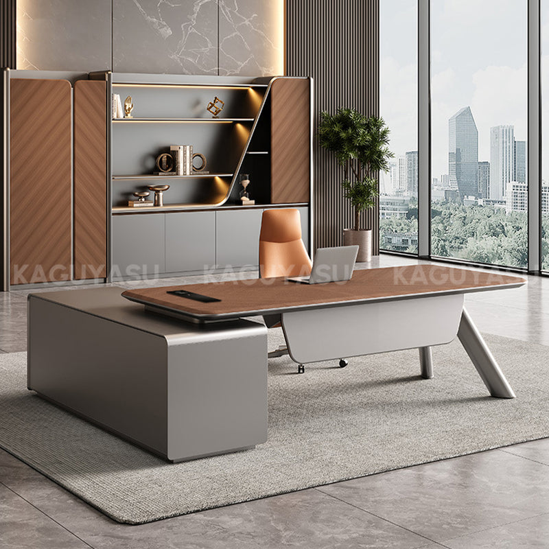 Modern L-shaped Executive Desk with Side Cabinet and Privacy Panel