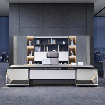 Luxury Modern Executive Desk Gray Office Desk with LED Lights Side Cabinet Customizable LBZ-1089