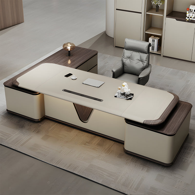 Modern Executive Desk with Curved, LED Lighting & Side Storage for Home Office