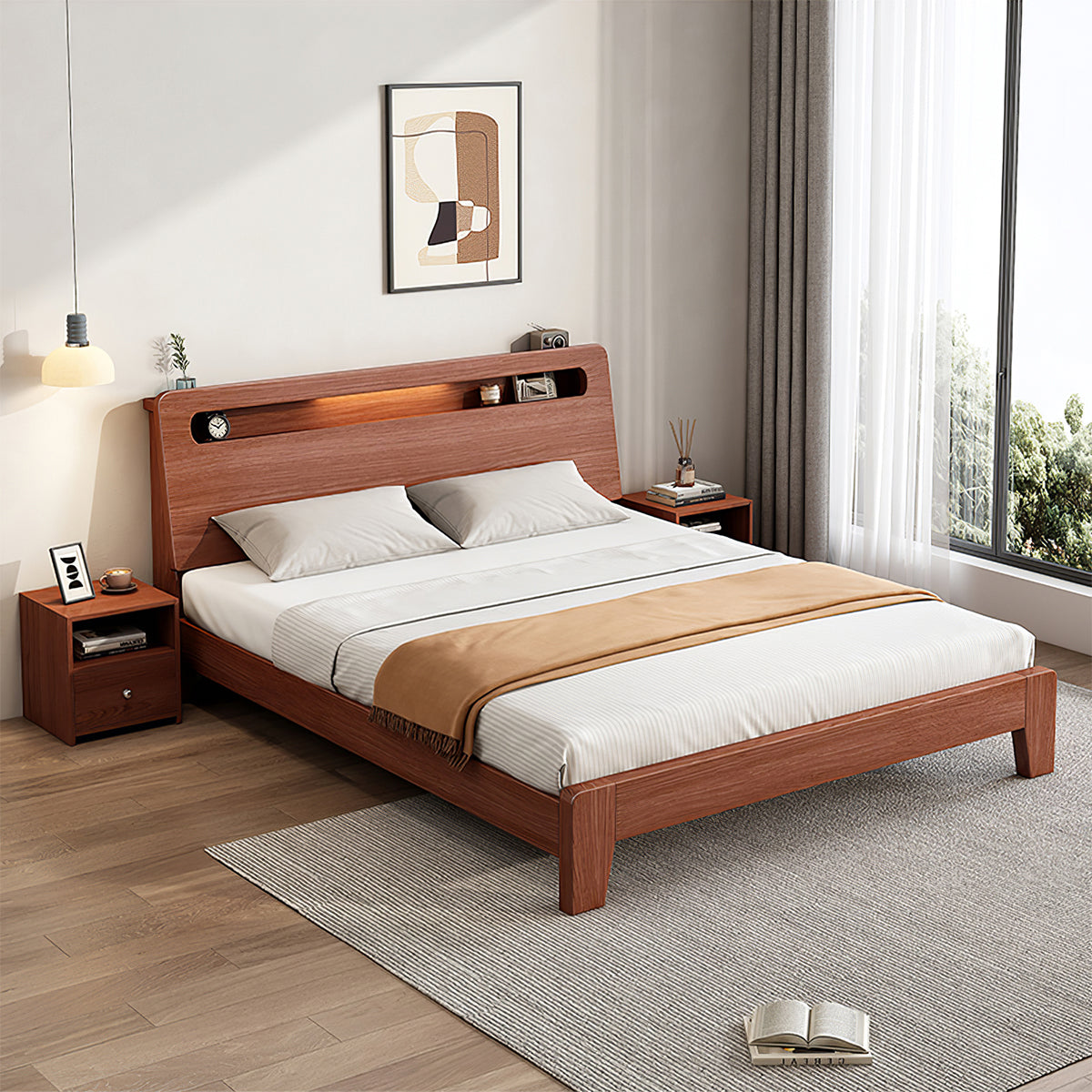 Minimalist apartment bedroom double bed front view with solid wood frame