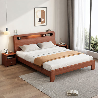Minimalist apartment bedroom double bed front view with solid wood frame