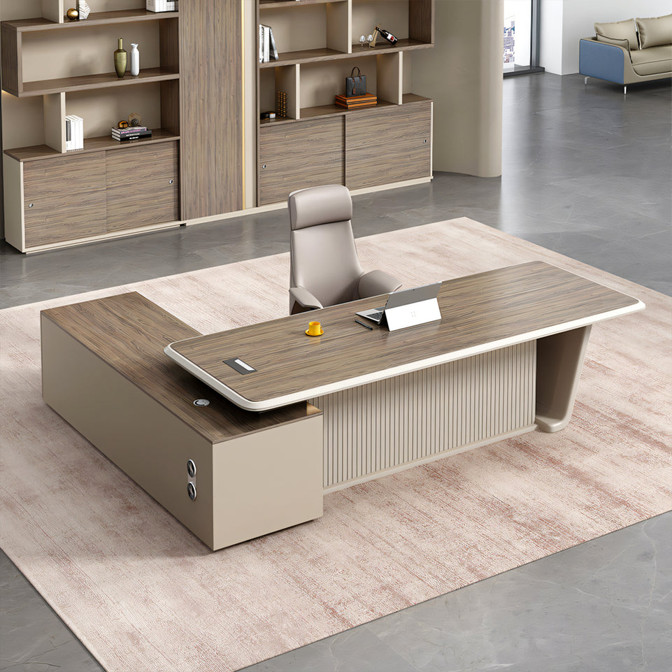 Modern Minimalist Executive Desk with Storage Shelves and Steel Legs of Enamel-coated Panel LBZ-10199