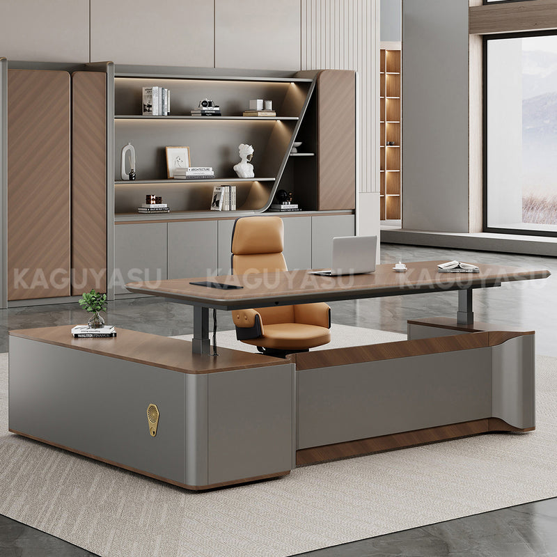 Premium Height-adjustable Executive Desk with Slide-out Power Outlet, Wireless Charging & Side Storage Cabinet (79–102")