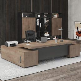 Modern Executive Desk with Solid Wood, Cable Management & Side Storage for Home Office