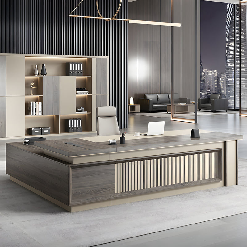L-Shaped Executive Desk with Cable Management, Dual-Tone & Side Storage for Home Office