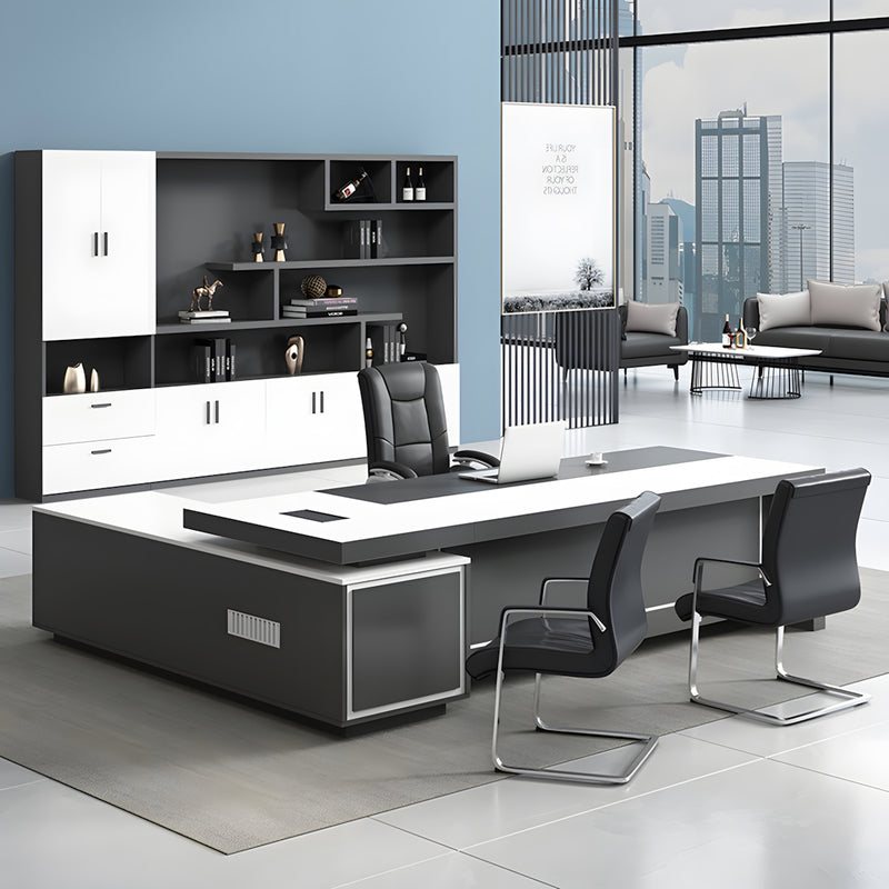 L-Shaped Executive Desk with Dual-Tone, Side Storage & File Drawers for Home Office