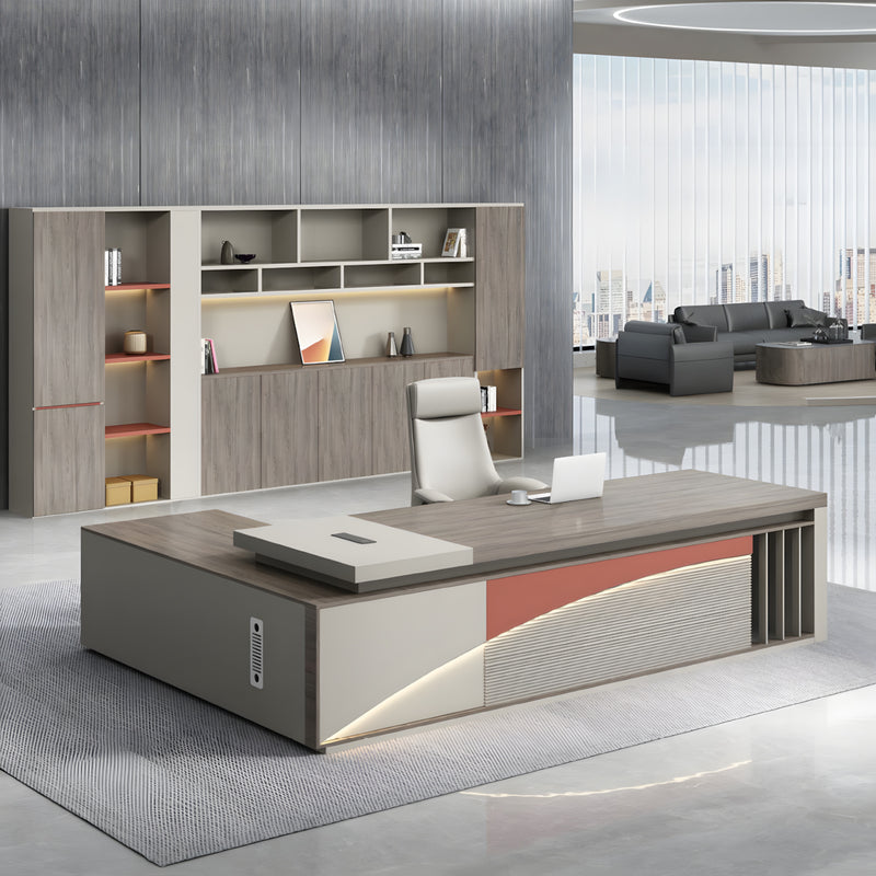 L-Shaped Executive Desk with LED Lighting, Side Storage & Genuine Leather for Home Office