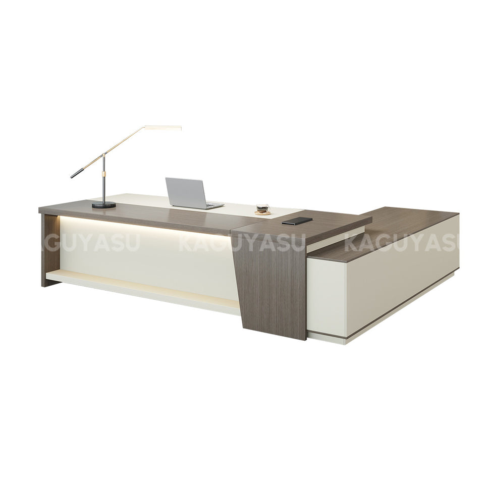 Modern L-Shaped Executive Desk with Large Side Cabinet and LED Lighting LBZ-2142N