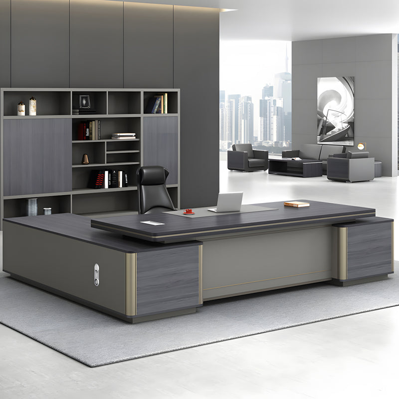 Modern Executive Desk with Curved, Cable Management & Side Storage for Home Office