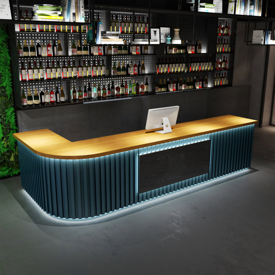 Striped Straight Front Desk with LED Lights and Storage Cabinet for Bars and Clubs JDT-10116