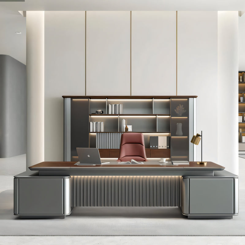 Modern Executive Desk with Curved, Cable Management & LED Lighting for Home Office