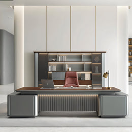 Modern Executive Desk with Curved, Cable Management & LED Lighting for Home Office