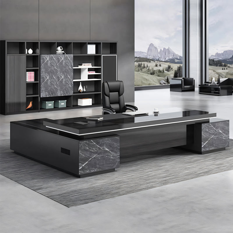 Modern Executive Desk with Cable Management, Side Storage & Marble Top for Home Office