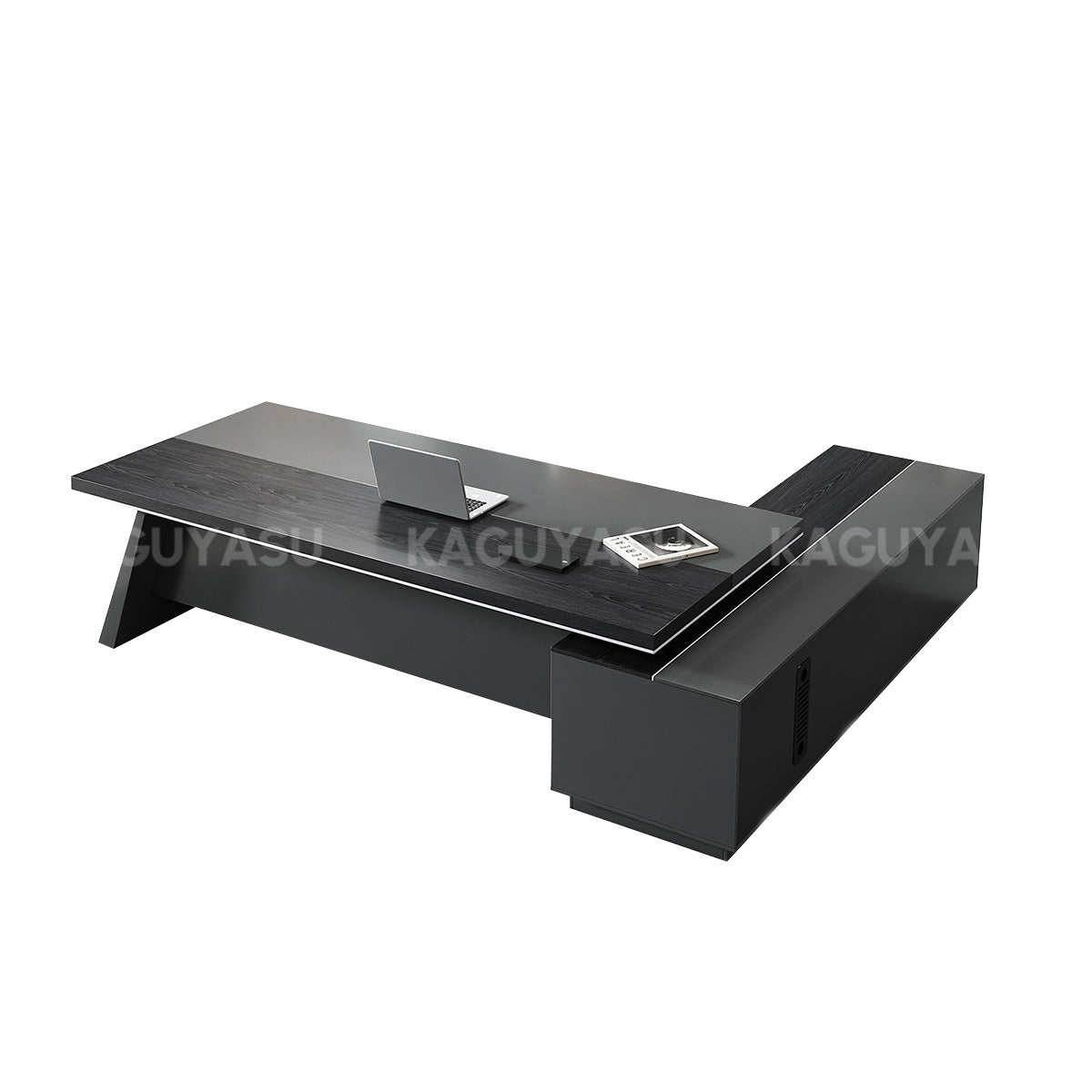 BLACK Design×DEVICE work FUKUBAKO L-Shaped Executive Desk 79-87 in Wide with File Drawers for Home Offic