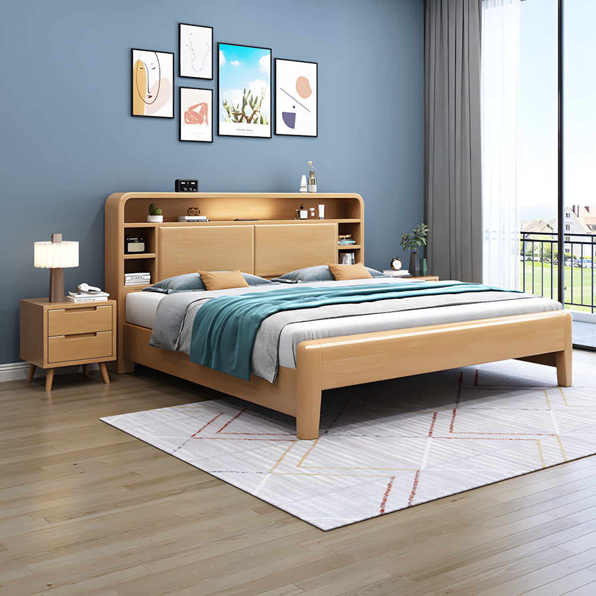 Solid Wood Bedroom Queen Bed with Storage Headboard (In Stock)