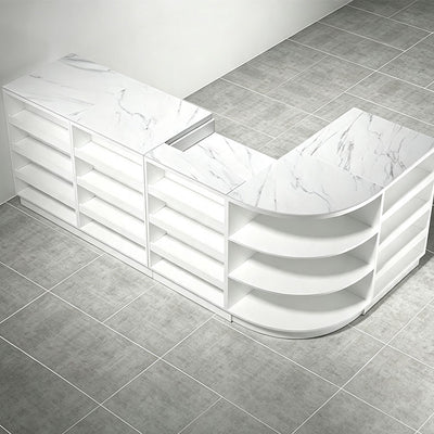 Modern Retail Reception Desk with Adjustable Display Shelves, Dual-level Countertop, Hidden Cable Management & Storage Cabinets for Stores and Commercial Spaces