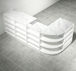 Modern Retail Reception Desk with Adjustable Display Shelves, Dual-level Countertop, Hidden Cable Management & Storage Cabinets for Stores and Commercial Spaces