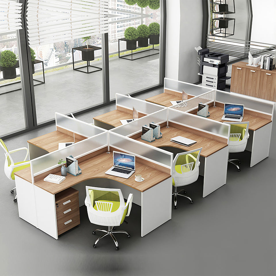 L-Shaped Office Desk with Privacy Panel, Glass Top & File Drawers for Home Office