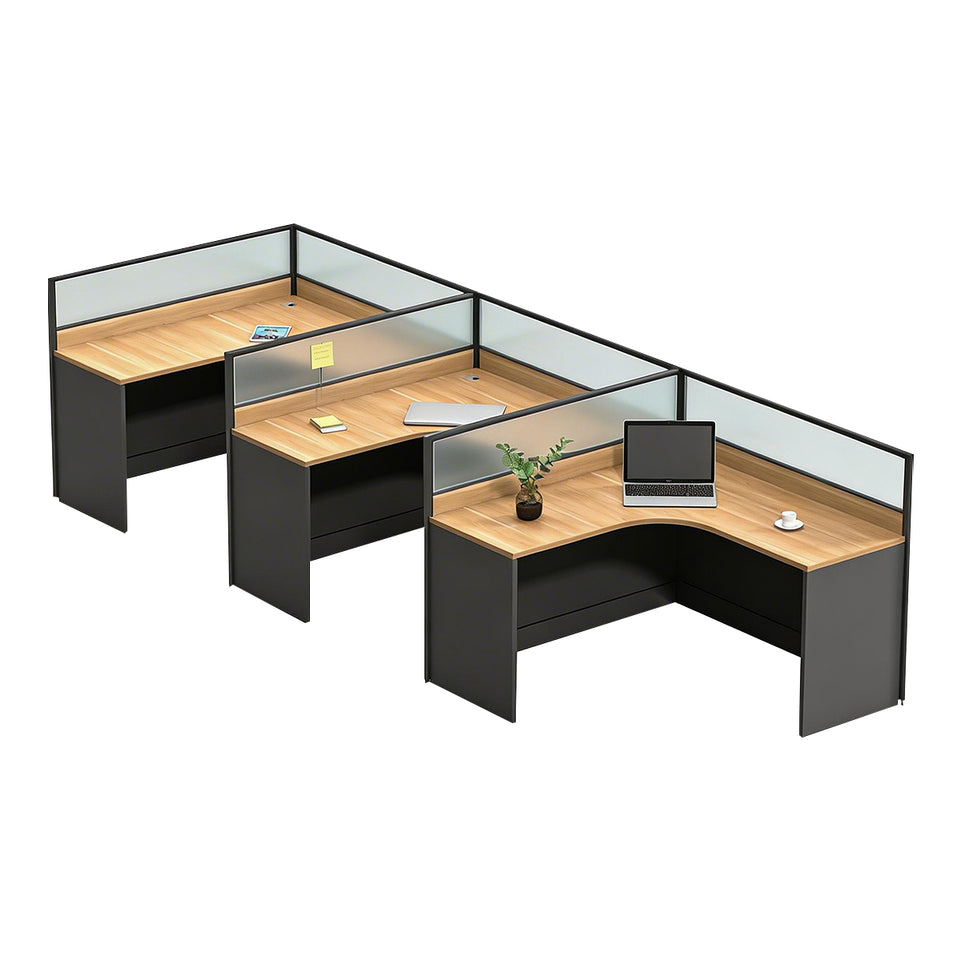 Modern Office Desk with Built-In Outlets, Cable Management & Glass Top for Home Office