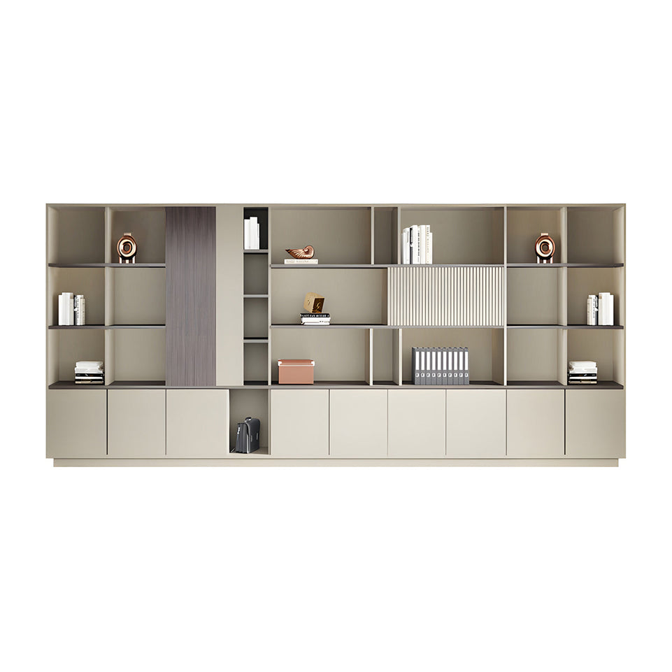 Storage Cabinet, Khaki Without LED Strip, Elegant Storage Cabinet With Soft Lighting Strip and Open Storage finish, L157" x W16" x H79", for office...