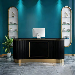 Curved Reception Desk 79 in Wide with Keyboard Tray, Lockable & Stainless Steel for Salon