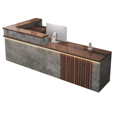 Reception desk in gray textured + brown color option with solid wood frame