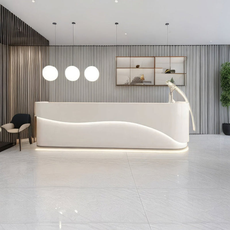 Curved Reception Desk 79-142 in Wide with File Drawers, LED Lighting & Transaction Counter