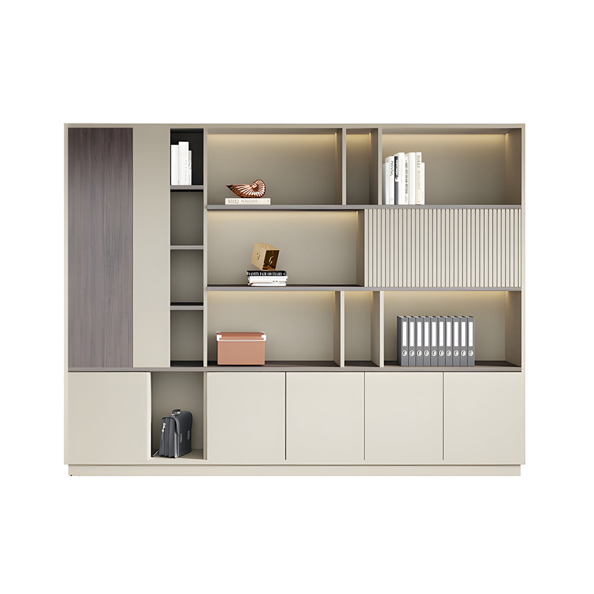 Storage Cabinet, Khaki With LED Strip, Elegant Storage Cabinet With Soft Lighting Strip and Open Storage finish, L94" x W16" x H79", for office storage...