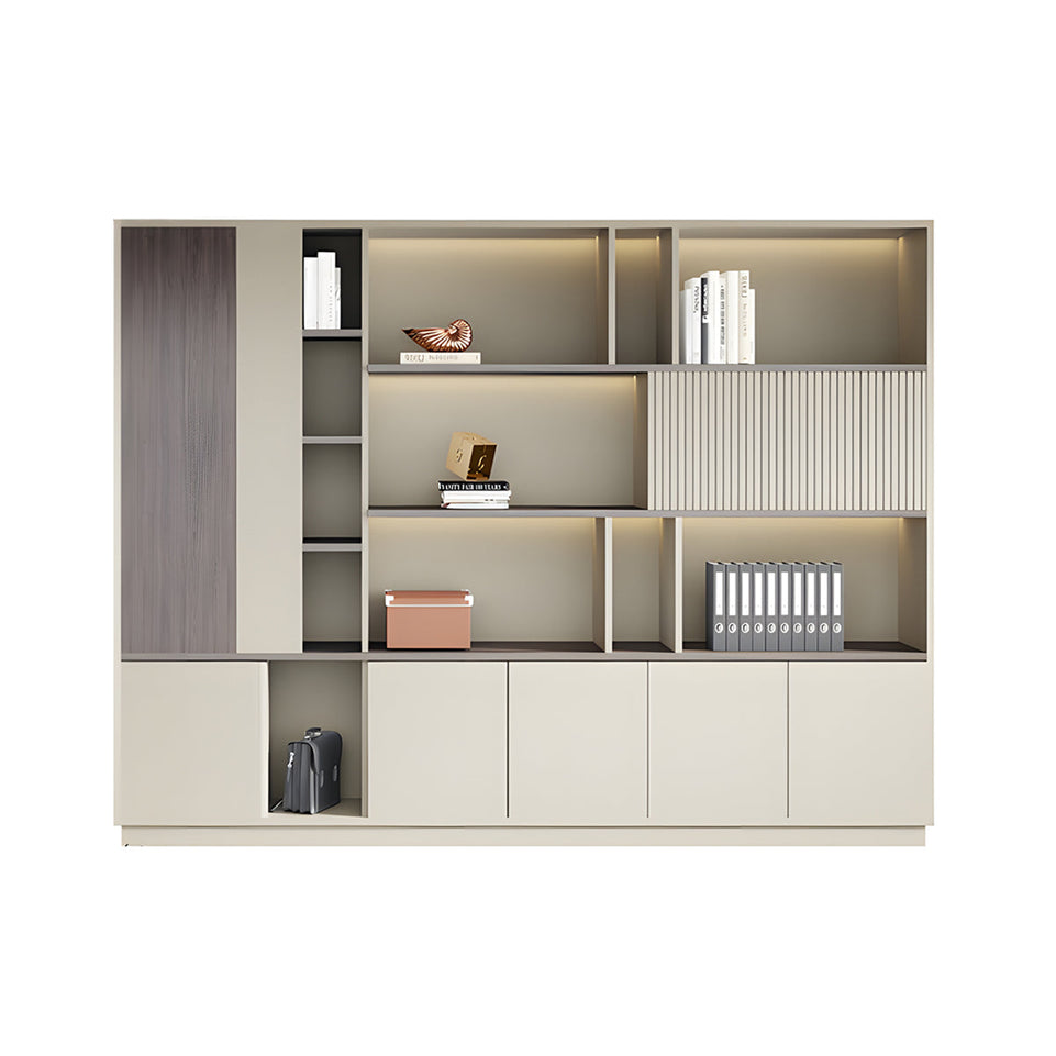 Storage Cabinet, Khaki With LED Strip, Elegant Storage Cabinet With Soft Lighting Strip and Open Storage finish, L94" x W16" x H79", for office storage...