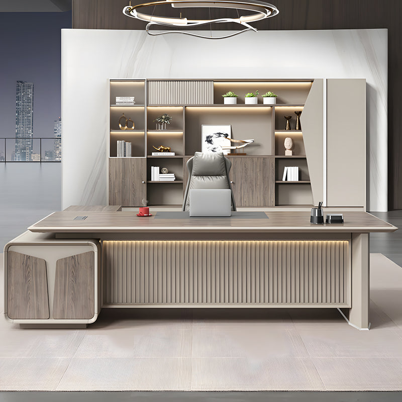 Modern Executive Desk with Curved, Cable Management & Side Storage for Home Office