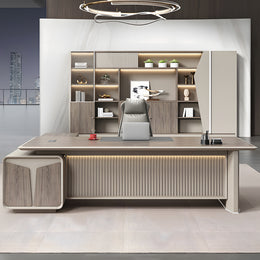 Modern Executive Desk with Curved, Cable Management & Side Storage for Home Office