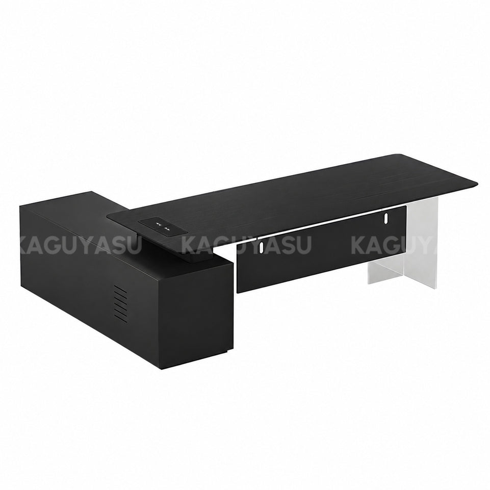 Luxury Contemporary Executive Desk with Smart Power Outlet, Diamond-cut Thick Top & Large Storage Cabinet for Modern Offices (55–87")