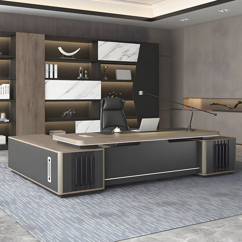 L-Shaped Executive Desk with Lockable, File Drawers & Cable Management for Home Office
