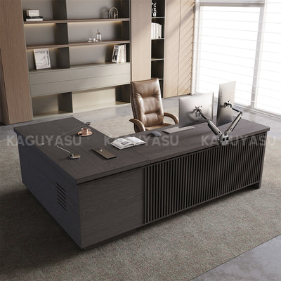 L-Shaped Executive Desk with Built-In Power, Side Storage & Slatted Modesty Panel