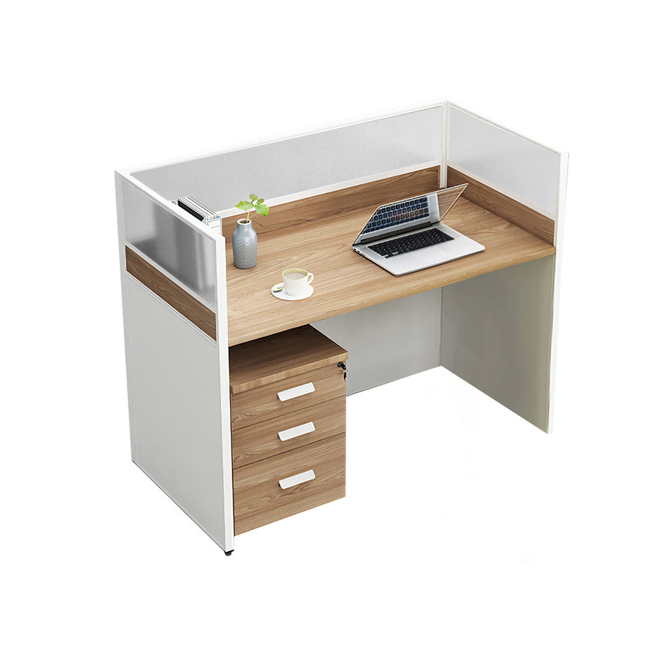 L-Shaped Office Desk with Privacy Panel, Glass Top & File Drawers for Home Office