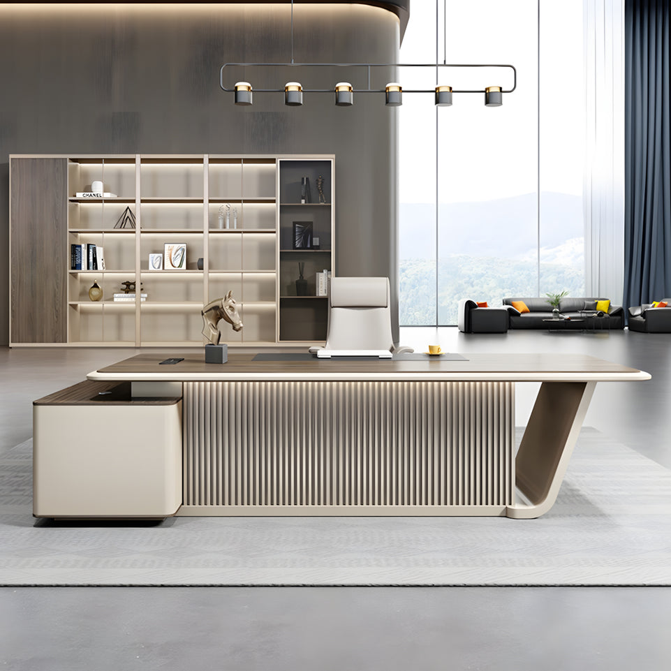 Luxury Executive Desk With Boat-Shaped Edge Modern Office Furniture L-Shape Corner Desk with Side Cabinet Dial Lock Customizable LBZ-10105