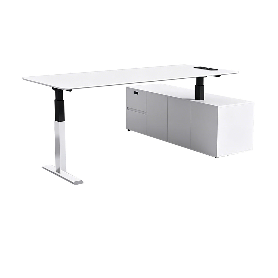 Minimalist Executive Sit-stand Desk with Smart Charging Box, Stainless Steel Leg & Side Storage Cabinet (71–94")