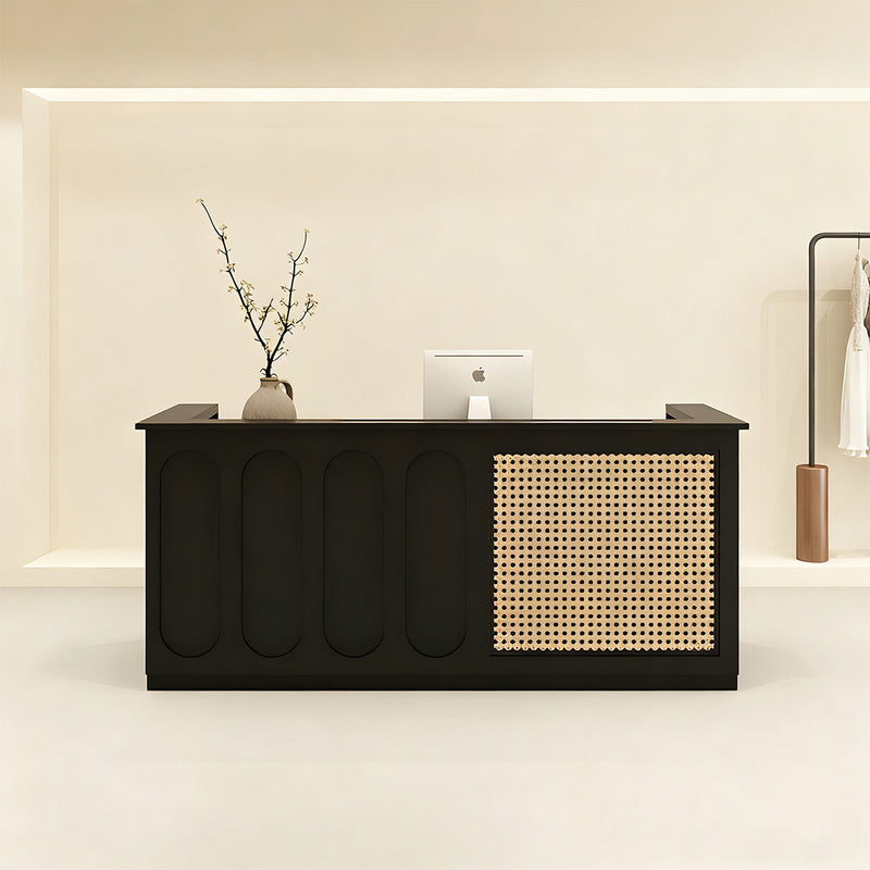 Modern Reception Desk with Rattan, File Drawers & Lockable for Office Lobby