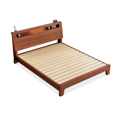 Minimalist apartment bedroom double bed front view with solid wood frame