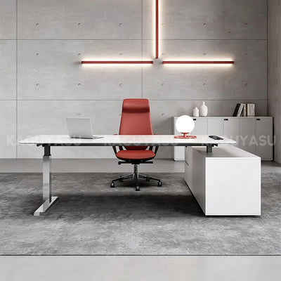 Minimalist Executive Sit-stand Desk with Smart Charging Box, Stainless Steel Leg & Side Storage Cabinet (71–94")