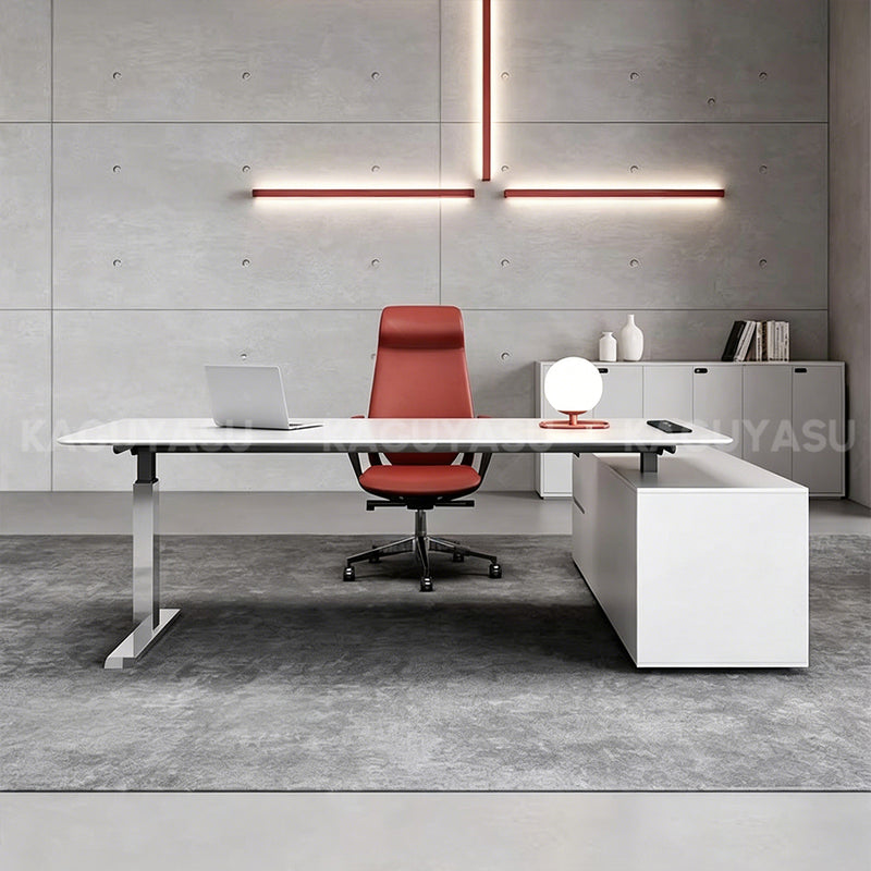 Minimalist Executive Sit-stand Desk with Smart Charging Box, Stainless Steel Leg & Side Storage Cabinet (71–94")