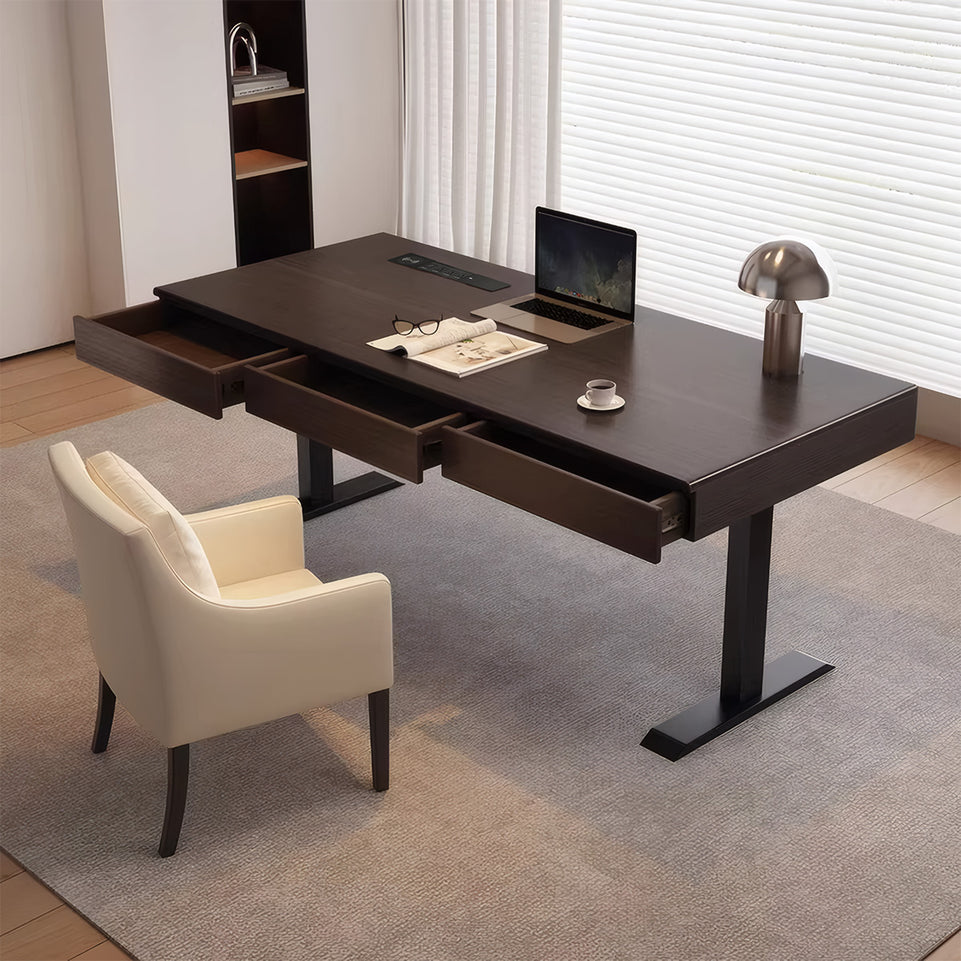 Modern Electric Height Adjustable Executive Desk with Dual Motors, Built-in Charging Box & Storage Drawers for Compact Offices (55–71")