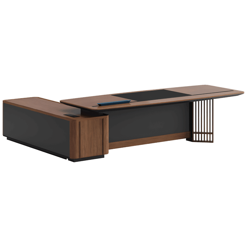 Luxury Office Executive Table L-shape Desk with curtain Sideboard  Wood grain Walnut LBZ-1058