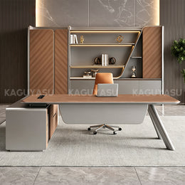 Modern L-shaped Executive Desk with Side Cabinet and Privacy Panel