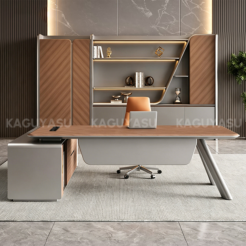Modern L-shaped Executive Desk with Side Cabinet and Privacy Panel