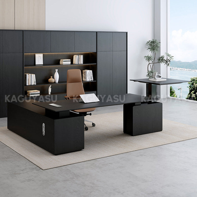 Luxury Electric Executive Desk with Pop-up Power Box, Spacious Lift-top Workspace & Large Storage Cabinet for Modern Offices (110–126")