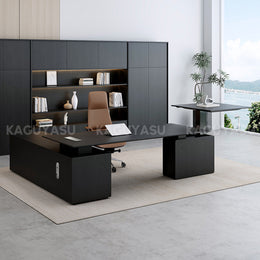 Luxury Electric Executive Desk with Pop-up Power Box, Spacious Lift-top Workspace & Large Storage Cabinet for Modern Offices (110–126")